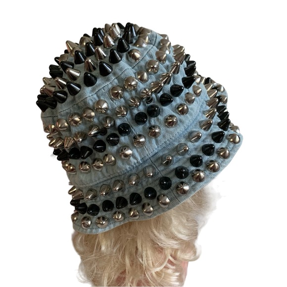 RARE Newhattan Mixed Metal Studs on Blue Denim Bucket Hat - Picture 4 of 10